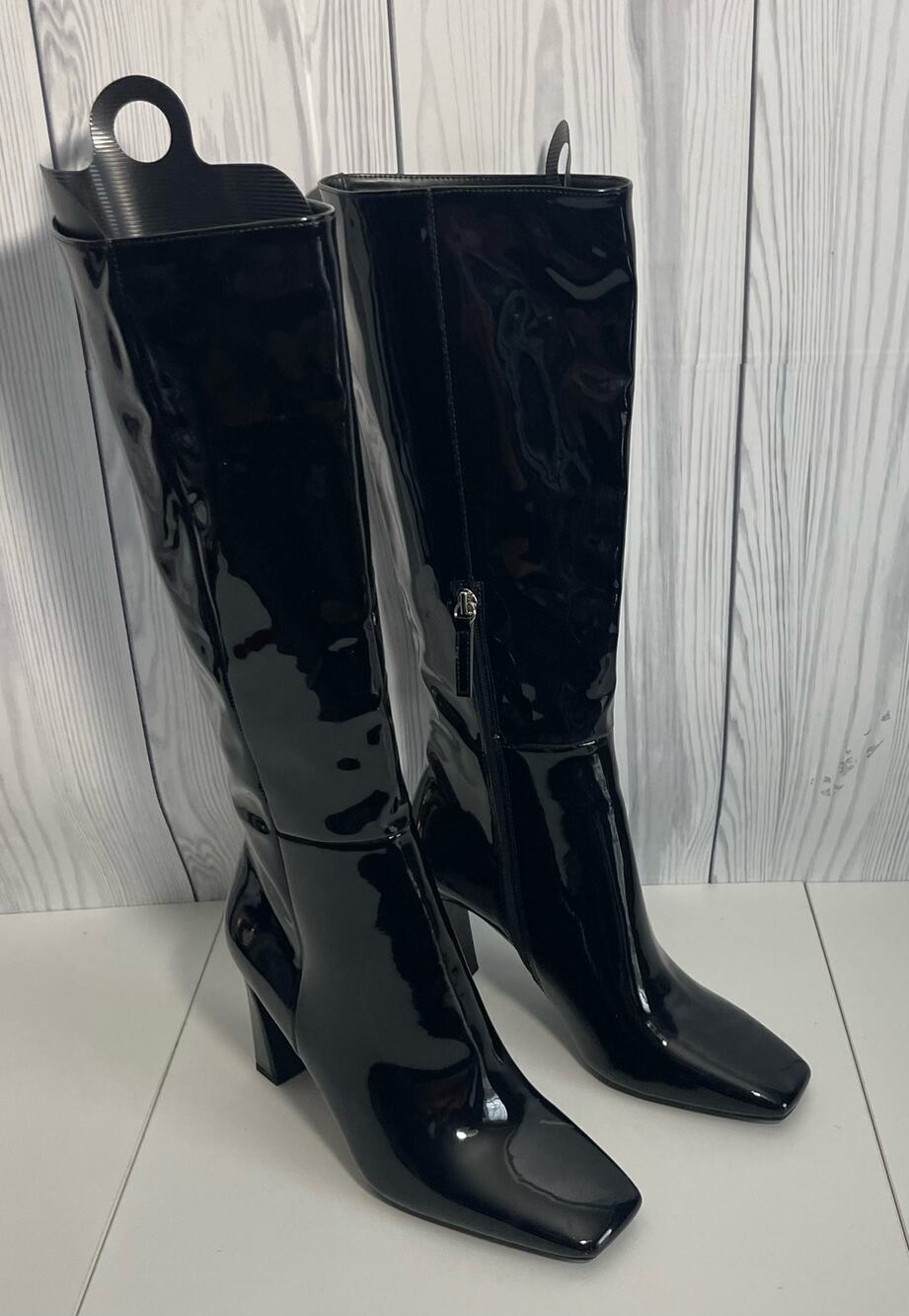Zara Square Heeled Tall Patent Leather Boots Size 9 (40)